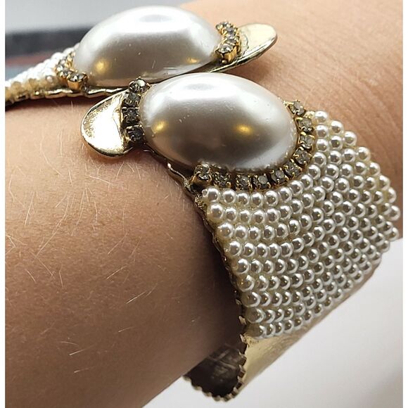 Ross Simons New in Box Vintage Pearls & Rhinestones Clamper Cuff Bracelet Hinged - Picture 5 of 7